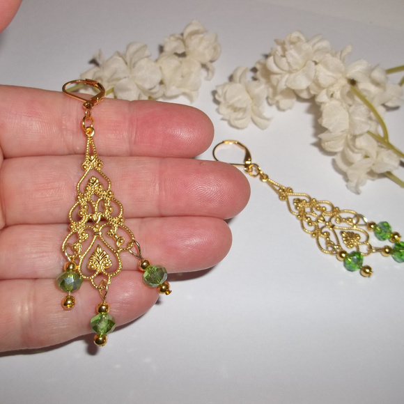 Chandelier Earring Set Statement Green & Gold 4888 - Picture 7 of 8